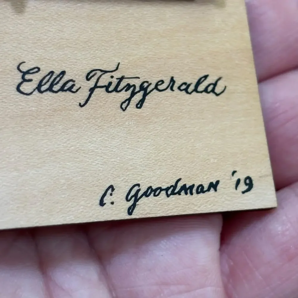Handmade Ella Fitzgerald artisan brooch hand painted on wood musical icon singer